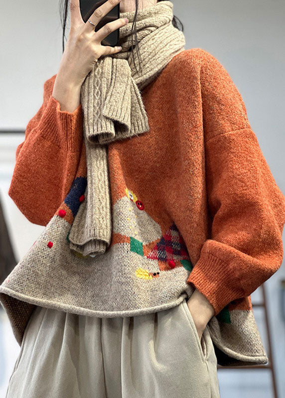 Casual Orange O-Neck Oversized Cartoon Print Knitted Tops