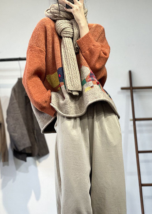 Casual Orange O-Neck Oversized Cartoon Print Knitted Tops