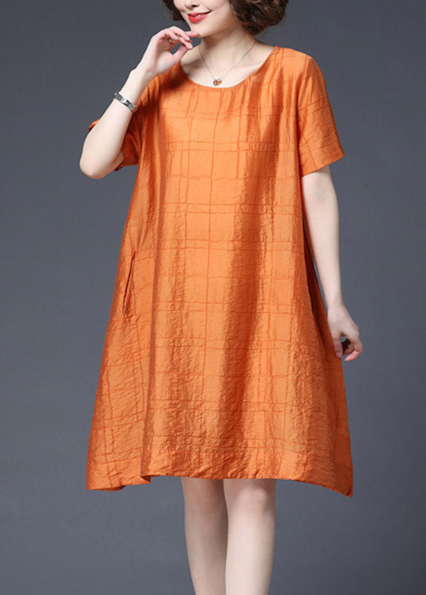 Casual Orange O-Neck Plaid Pockets Shift Dresses Short Sleeve