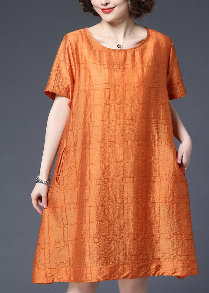 Casual Orange O-Neck Plaid Pockets Shift Dresses Short Sleeve
