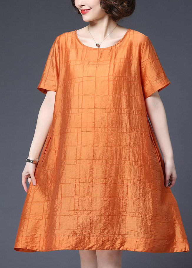 Casual Orange O-Neck Plaid Pockets Shift Dresses Short Sleeve