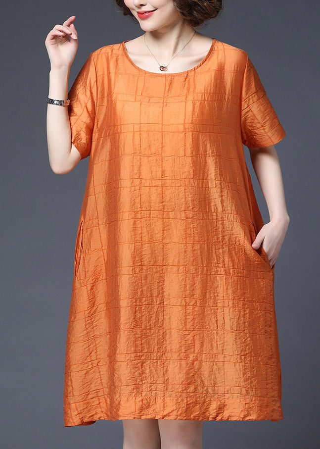Casual Orange O-Neck Plaid Pockets Shift Dresses Short Sleeve