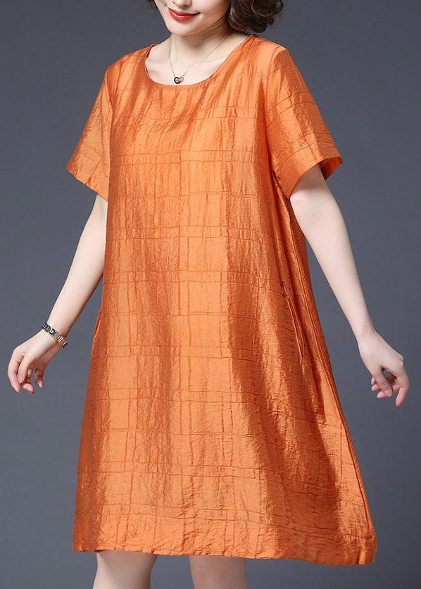 Casual Orange O-Neck Plaid Pockets Shift Dresses Short Sleeve