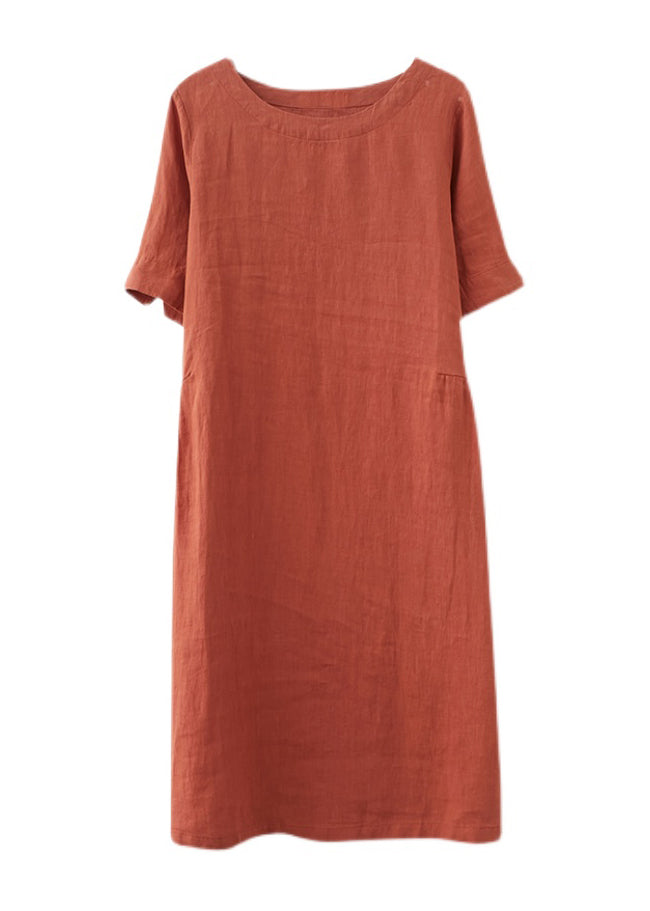 Casual Orange O-Neck wrinkled Pockets Linen Dresses Short Sleeve