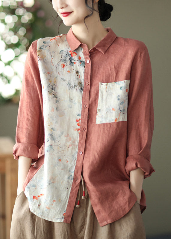 Casual Orange Peter Pan Collar Asymmetrical Print Pockets Linen Shirt Long Sleeve