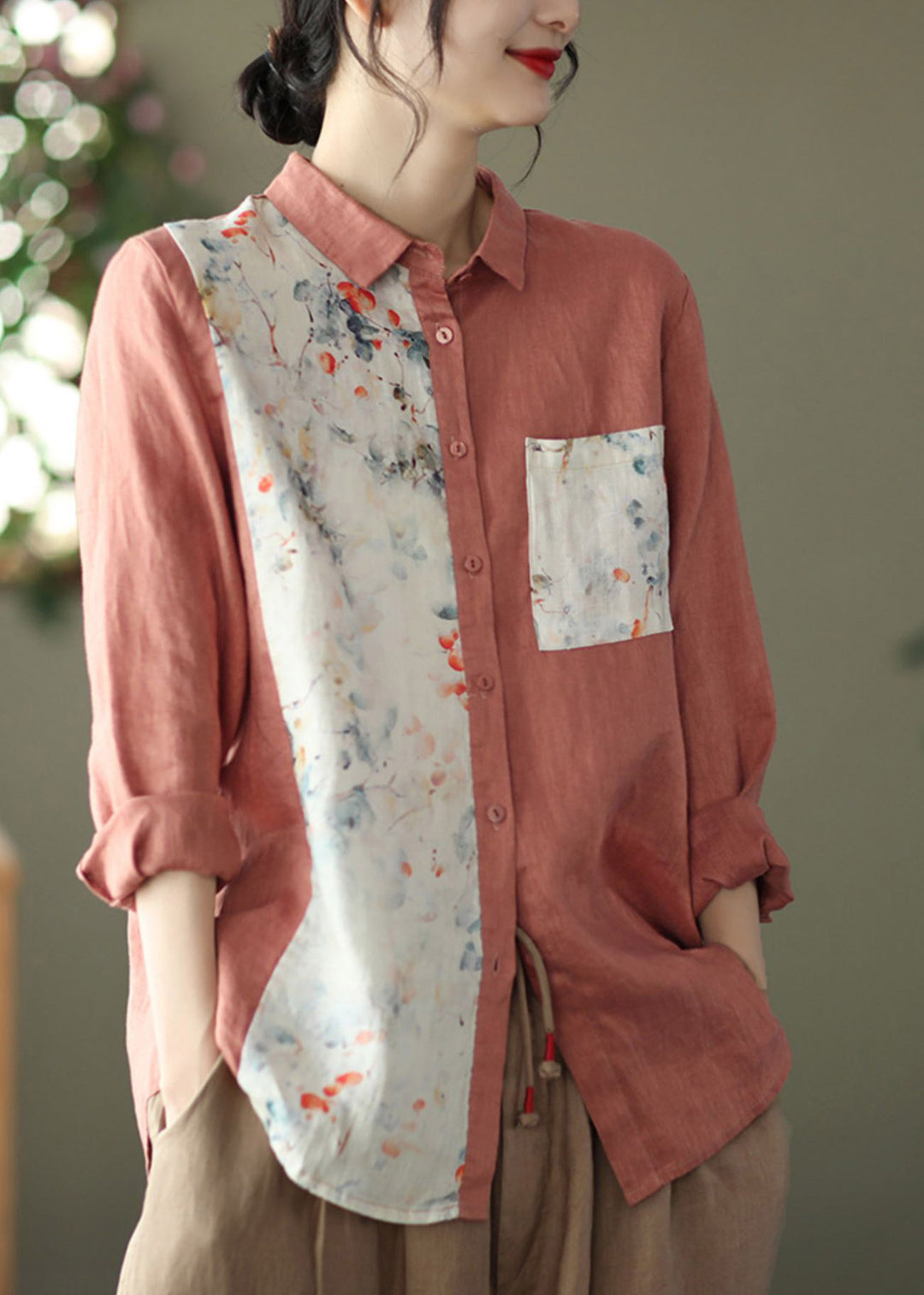 Casual Orange Peter Pan Collar Asymmetrical Print Pockets Linen Shirt Long Sleeve