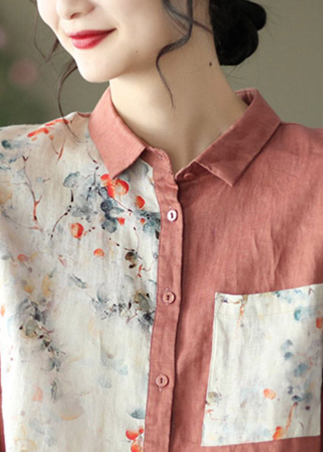 Casual Orange Peter Pan Collar Asymmetrical Print Pockets Linen Shirt Long Sleeve