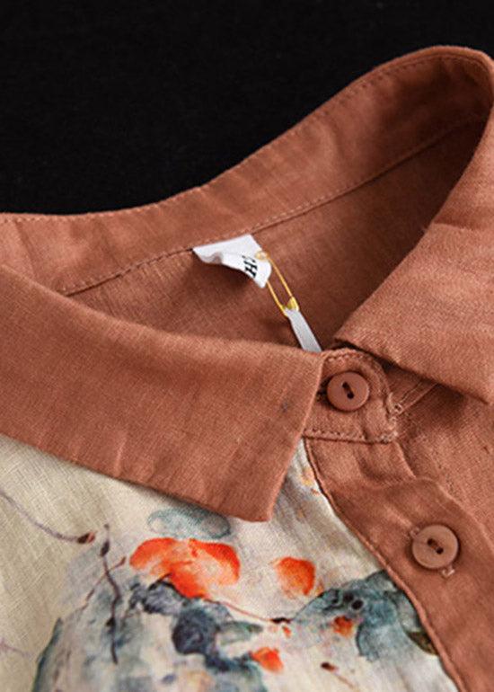 Casual Orange Peter Pan Collar Asymmetrical Print Pockets Linen Shirt Long Sleeve