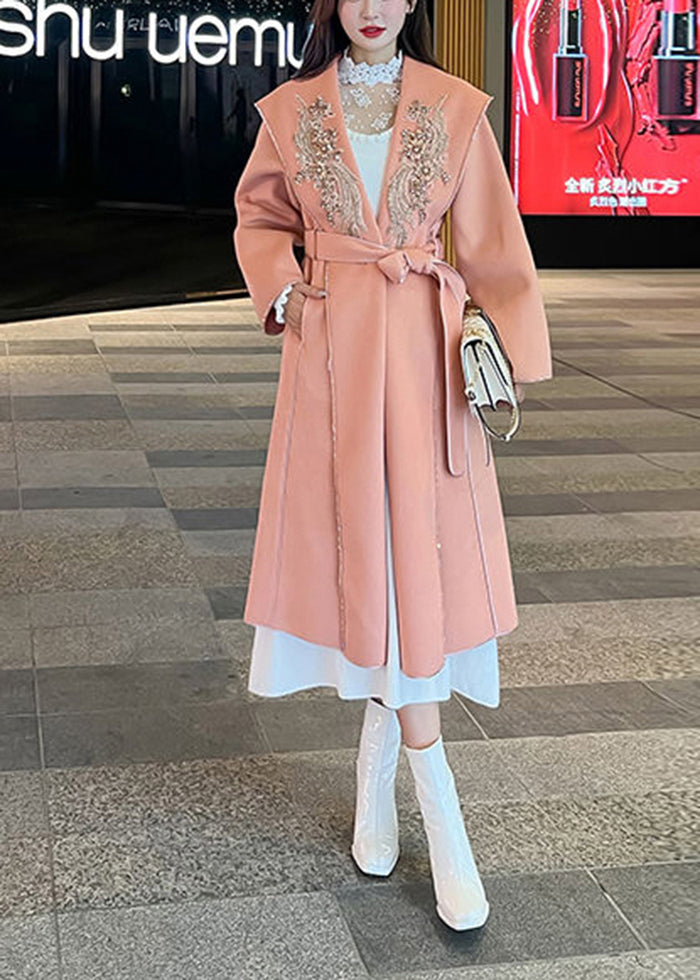 Casual Orange Pink Embroideried Decorated Tie Waist Woolen Coats Fall