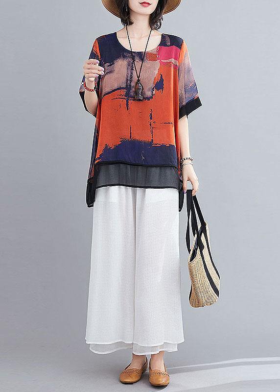 Casual Orange Print Chiffon Half Sleeve Summer two Piece Outfit - Omychic