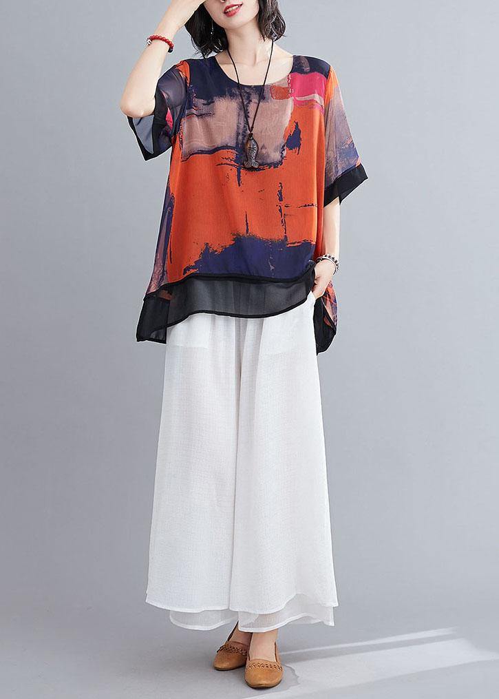 Casual Orange Print Chiffon Half Sleeve Summer two Piece Outfit - Omychic