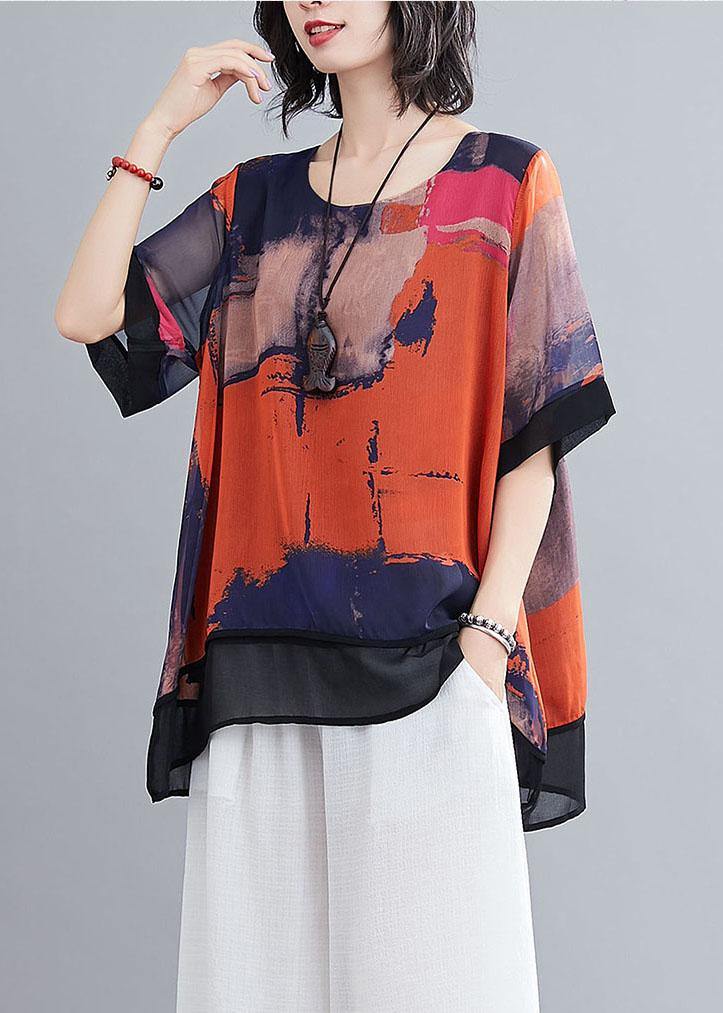 Casual Orange Print Chiffon Half Sleeve Summer two Piece Outfit - Omychic