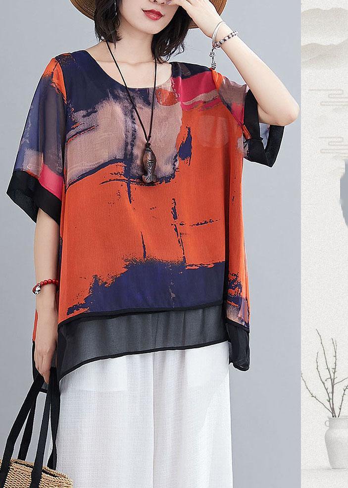 Casual Orange Print Chiffon Half Sleeve Summer two Piece Outfit - Omychic