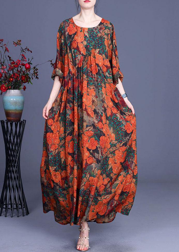 Casual Orange Print O-Neck Asymmetrical Design Summer Silk Cute Long Dresses - Omychic
