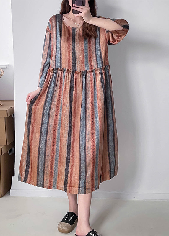 Casual Orange Ruffled Striped Silk Holiday Dress Fall