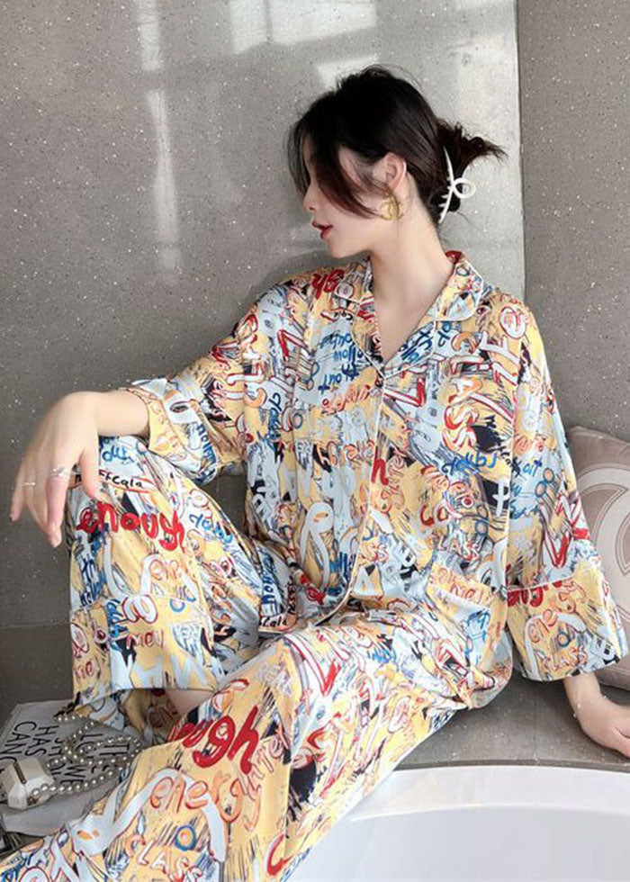 Casual Oversized Poor Handwriting Ice Silk Pajamas Two Pieces Set Batwing Sleeve