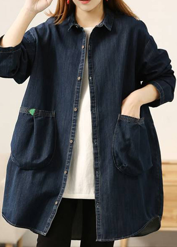 Casual Peter Pan Collar Button Pockets Cotton Denim Coats Long Sleeve