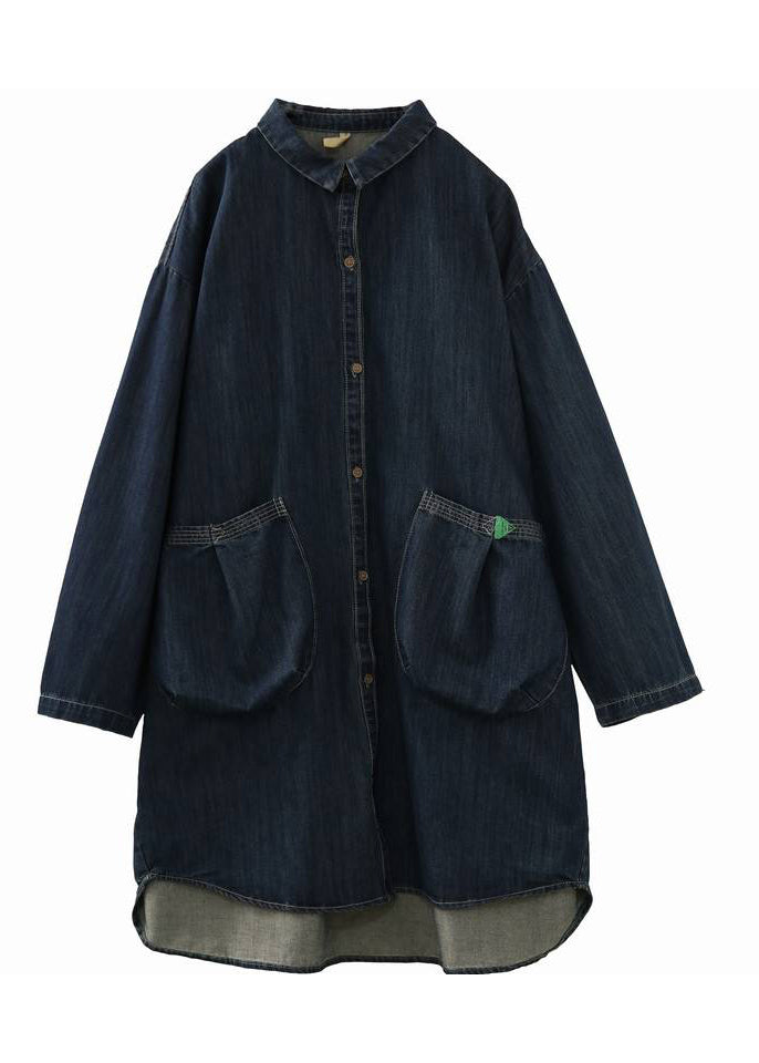 Casual Peter Pan Collar Button Pockets Cotton Denim Coats Long Sleeve