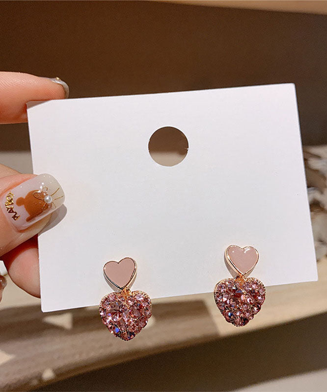 Casual Pink Alloy Inlaid Gem Stone Zircon Love Stud Earrings