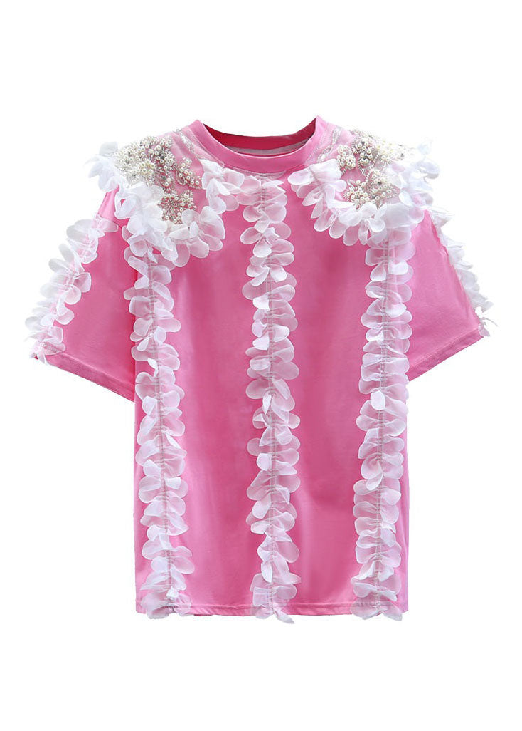 Casual Pink Floral Decorated Patchwork Cotton Top Summer