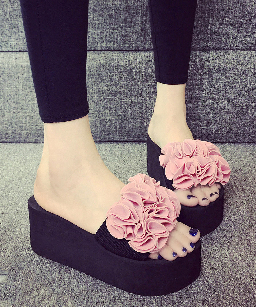 Casual Pink Flower Breathable Mesh Platform Slide Sandals