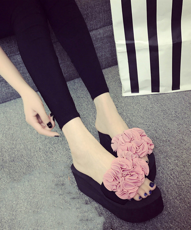 Casual Pink Flower Breathable Mesh Platform Slide Sandals