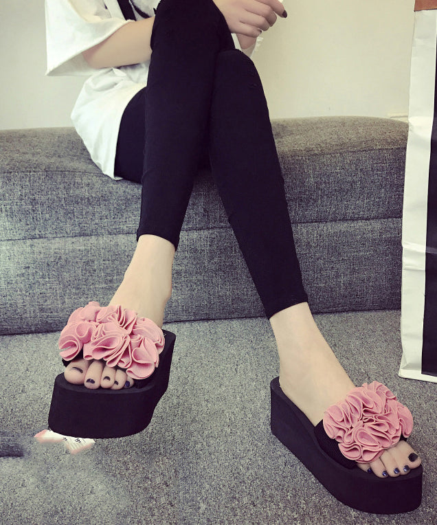 Casual Pink Flower Breathable Mesh Platform Slide Sandals