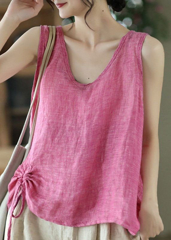Casual Pink O Neck Cinched Patchwork Cotton Tank Tops Sleeveless