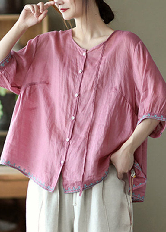 Casual Pink O-Neck Embroideried Linen Tops Three Quarter sleeve
