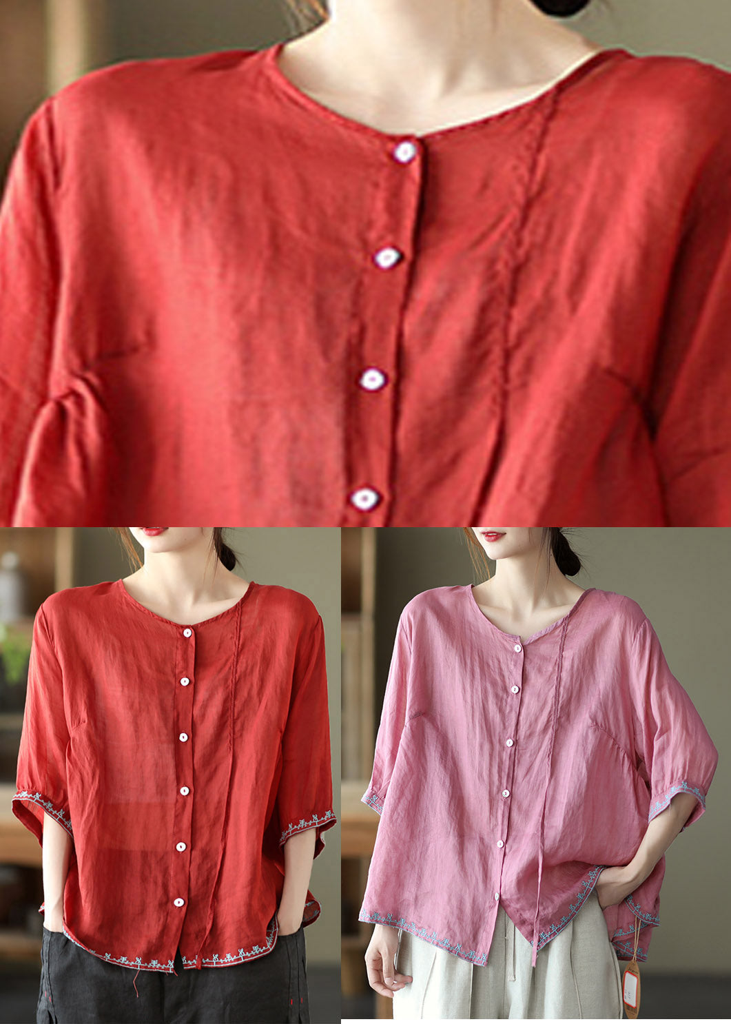Casual Pink O-Neck Embroideried Linen Tops Three Quarter sleeve