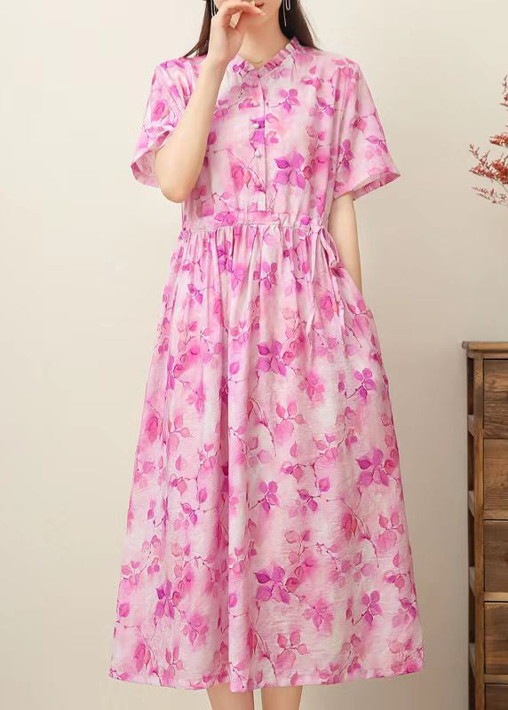 Casual Pink Print Ruffled Patchwork Drawstring Silk Linen Long Dress Short Sleeve