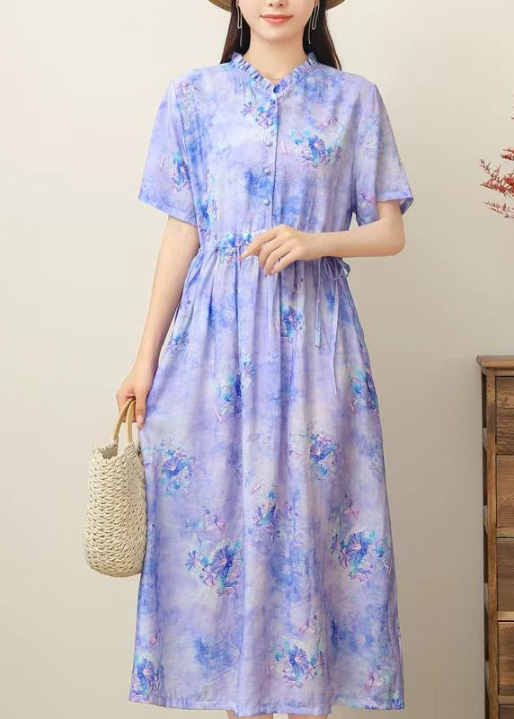 Casual Pink Print Ruffled Patchwork Drawstring Silk Linen Long Dress Short Sleeve