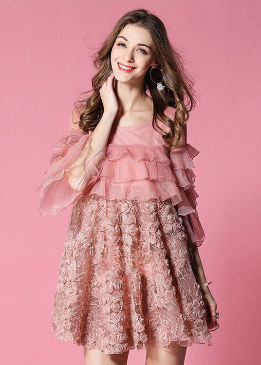 Casual Pink Ruffles Patchwork Applique Tulle Dress Half Sleeve