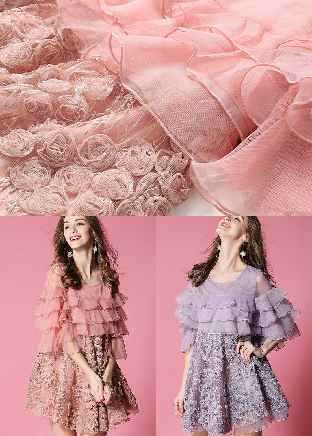 Casual Pink Ruffles Patchwork Applique Tulle Dress Half Sleeve