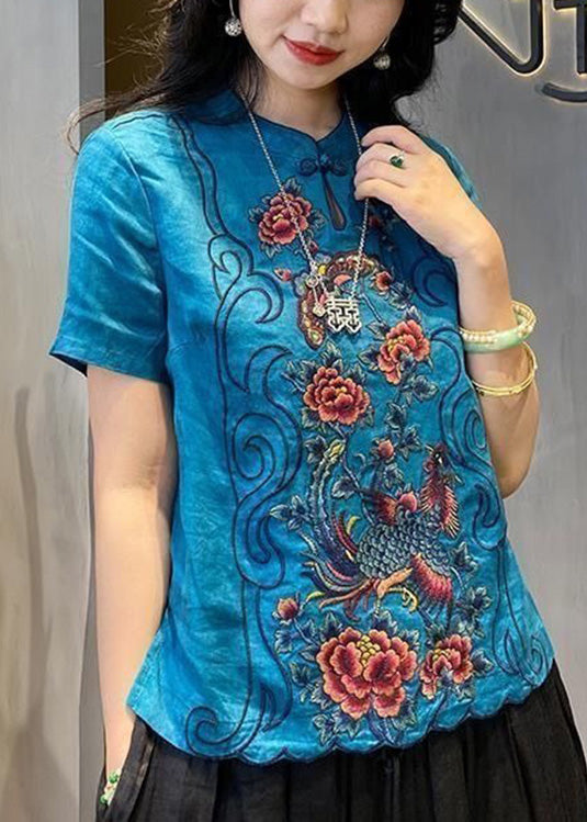 Casual Pink Stand Collar Embroidered Button Linen Top Short Sleeve
