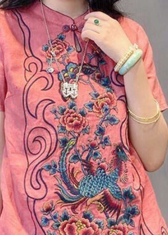 Casual Pink Stand Collar Embroideried Button Linen Top Short Sleeve