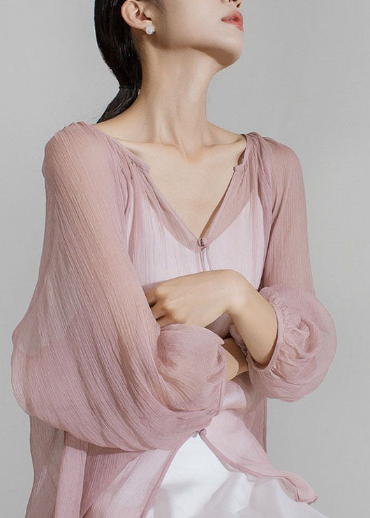 Casual Pink V Neck Patchwork Button Chiffon Blouse Top Spring