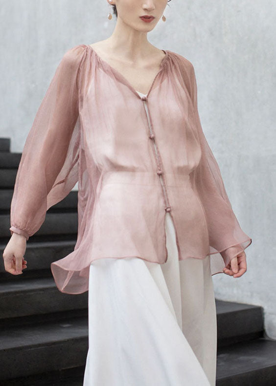 Casual Pink V Neck Patchwork Button Chiffon Blouse Top Spring