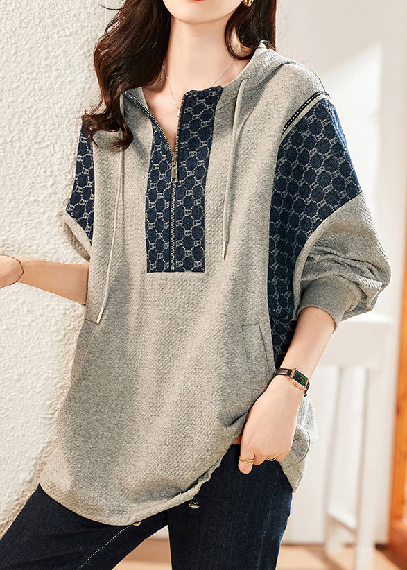Casual Plus Size Grey Zip Up Hooded Patchwork Cotton Top Fall