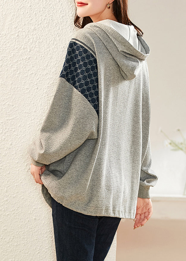Casual Plus Size Grey Zip Up Hooded Patchwork Cotton Top Fall