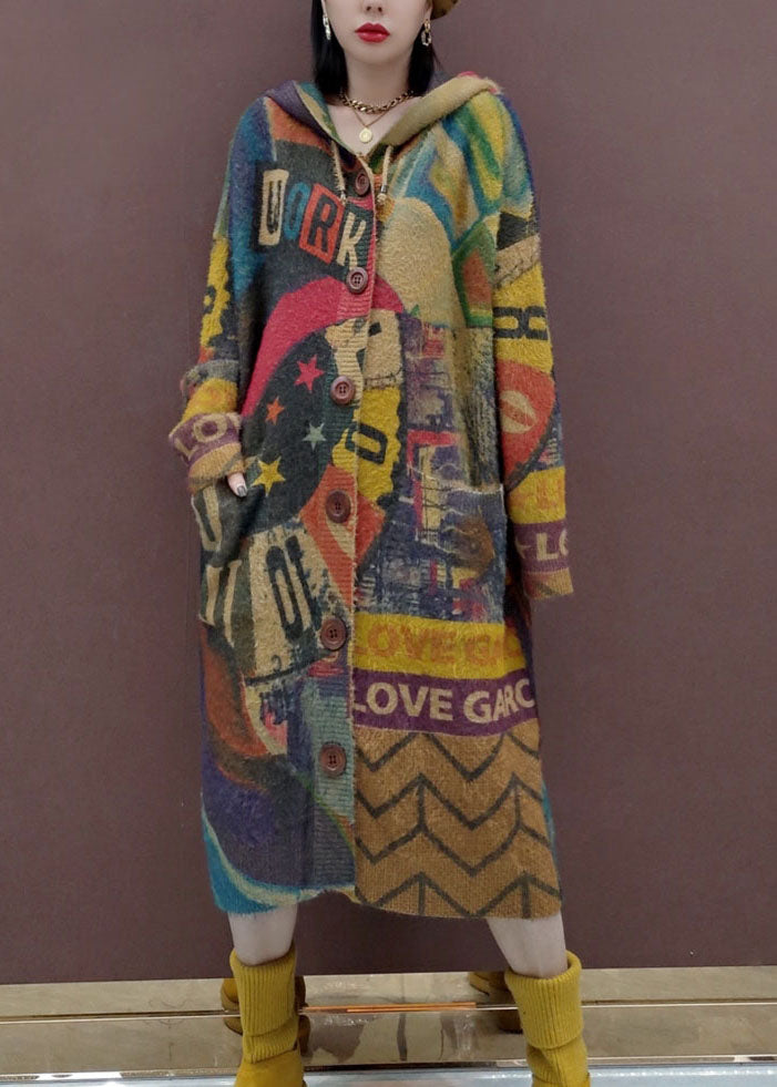 Casual Print Button Maxi Knitted Cotton Thread Hooded Sweater Coat Fall