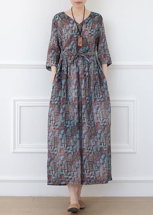 Casual Print Linen Dress V Neck Half Sleeve Spring Dress - Omychic