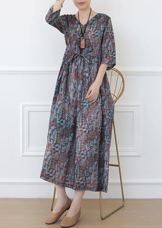 Casual Print Linen Dress V Neck Half Sleeve Spring Dress - Omychic