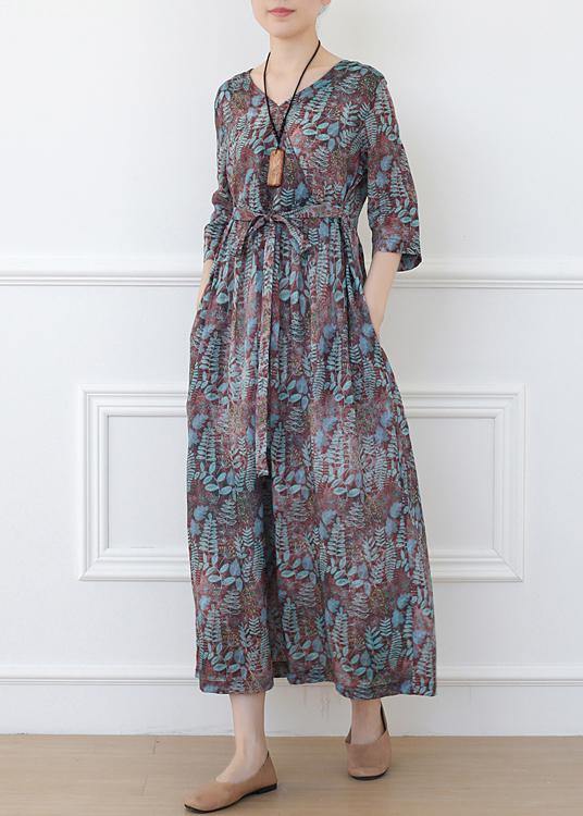 Casual Print Linen Dress V Neck Half Sleeve Spring Dress - Omychic