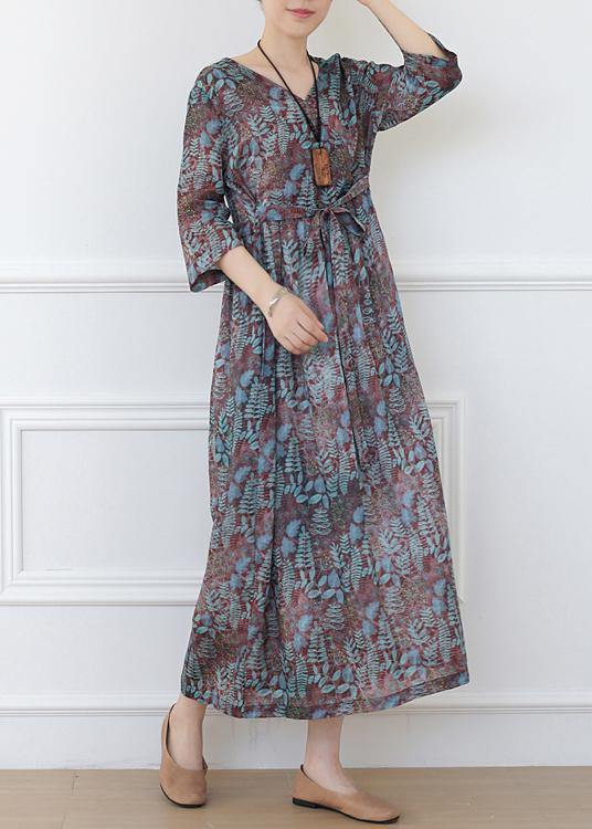 Casual Print Linen Dress V Neck Half Sleeve Spring Dress - Omychic