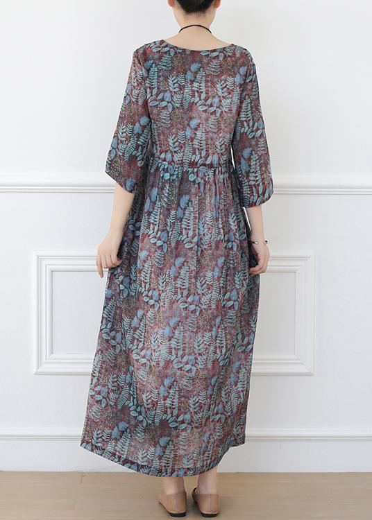 Casual Print Linen Dress V Neck Half Sleeve Spring Dress - Omychic