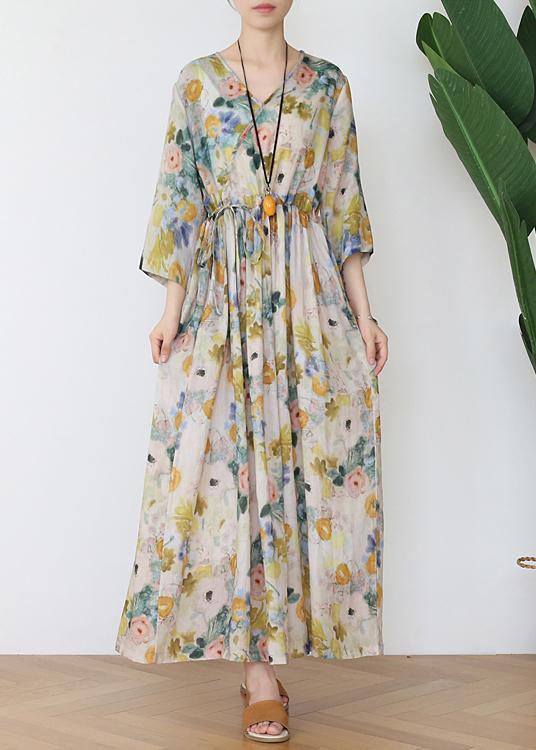 Casual Print V Necktie Waist Summer Linen Dress - Omychic