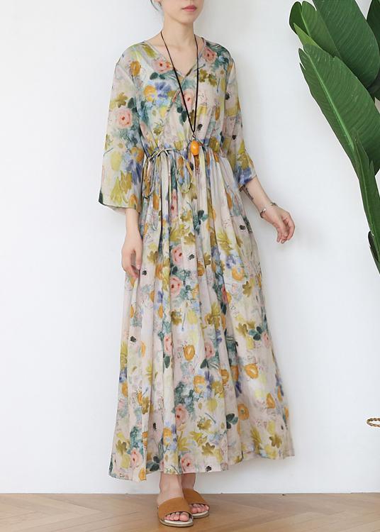 Casual Print V Necktie Waist Summer Linen Dress - Omychic