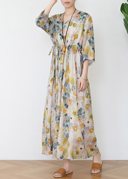 Casual Print V Necktie Waist Summer Linen Dress - Omychic