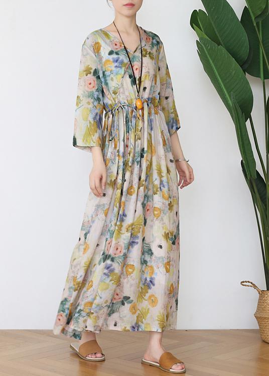 Casual Print V Necktie Waist Summer Linen Dress - Omychic